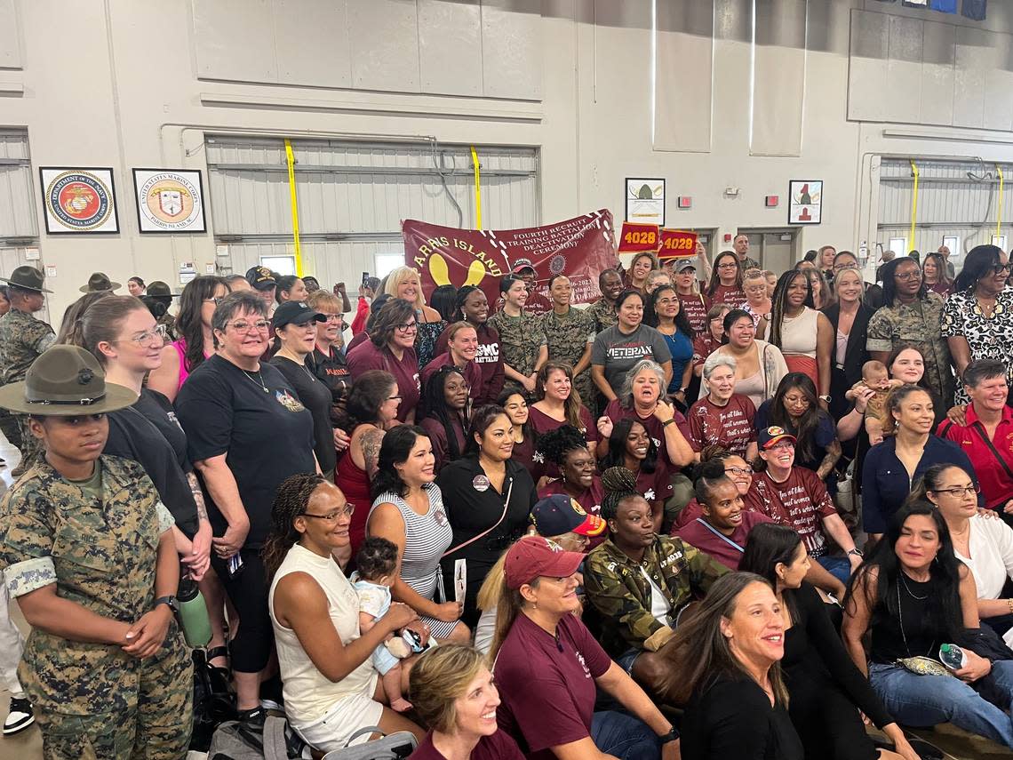 Marines gathered for a photo at the deactivation ceremony for the Fourth Recruit Training Battalion.
