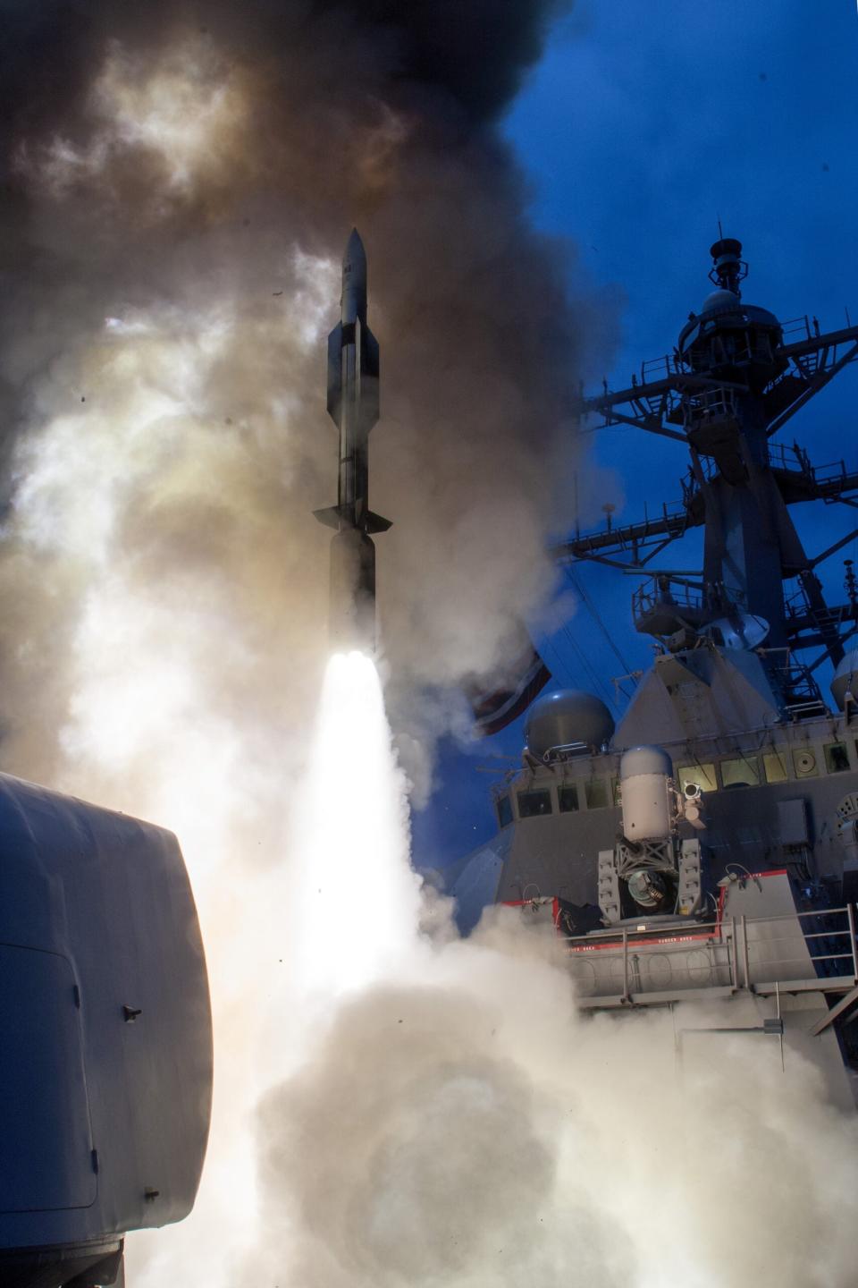 An SM-6 missile at the moment of launch from a U.S. Navy <em>Arleigh Burke</em> class destroyer. <em>USN</em>