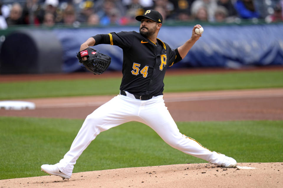 Pittsburgh Pirates starting pitcher Martín Pérez delivers during the first inning of a baseball game against the Boston Red Sox in Pittsburgh, Sunday, April 21, 2024. (AP Photo/Gene J. Puskar)