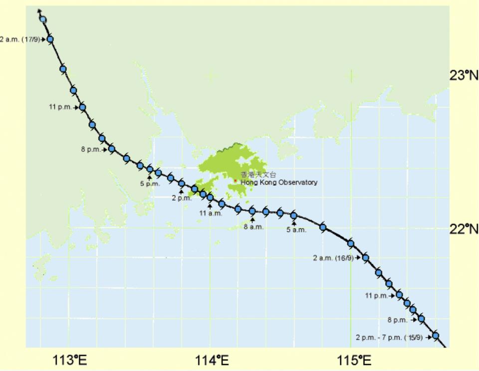 1999 年颱風約克接近本港時路線圖