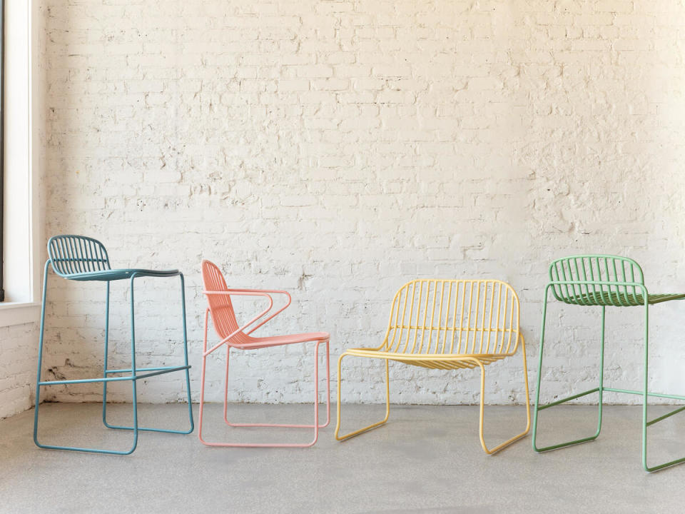 From left: The Tate counter stool in Blue Ivy, the Tate chair in Rosé Season, the Tate lounge chair in Lemonade and the Tate counter stool in Avocado Toast by Clare x Industry West 