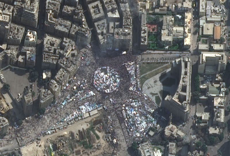 A February 22, 2011 satellite view of people gathering at Tahrir Square, Cairo