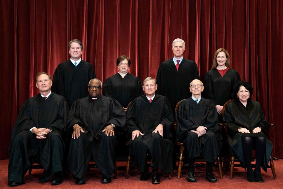 On April 23, 2021, on the Supreme Court from left: Justice Samuel Alito, Justice Brett Kavanaugh, Justice Clarence Thomas, Justice Elena Kagan, Chief Justice John Roberts, Justice Neil Gorsuch, Justice Stephen Breyer, Justice Amy Coney Barrett and Justice Sonia Sotomayor.