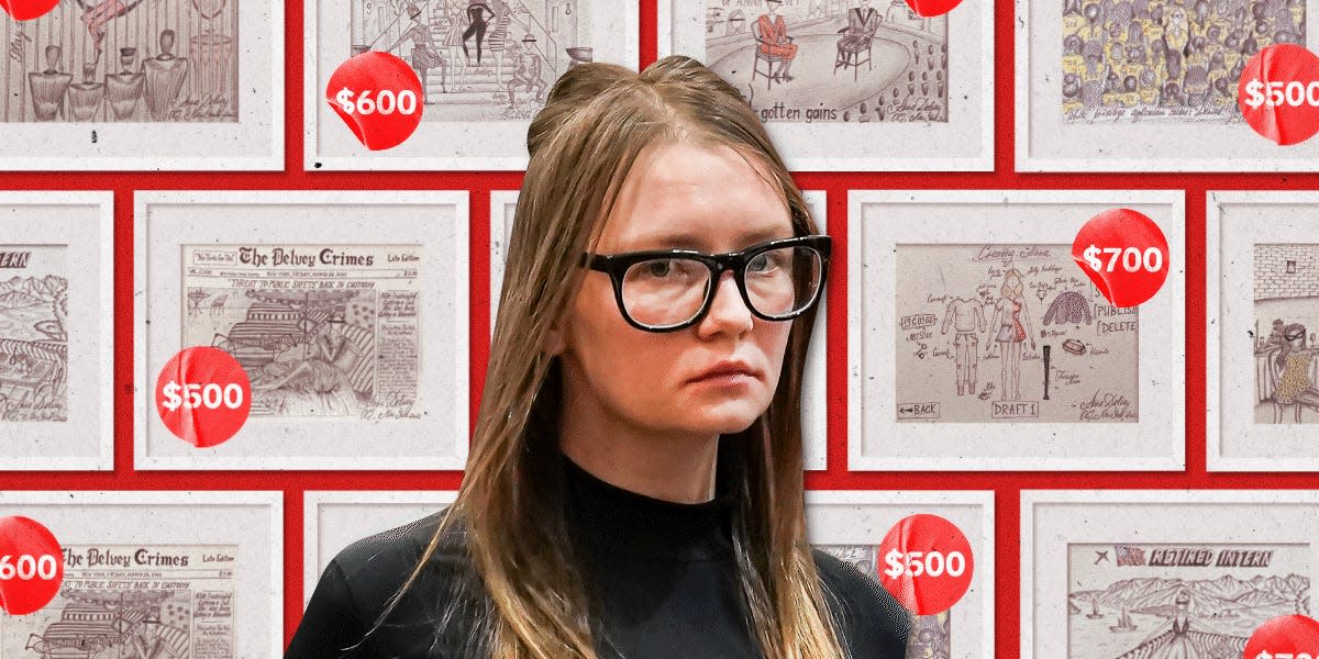 Photo of Anna Sorokin in front of her artwork falling down 2x1 gif