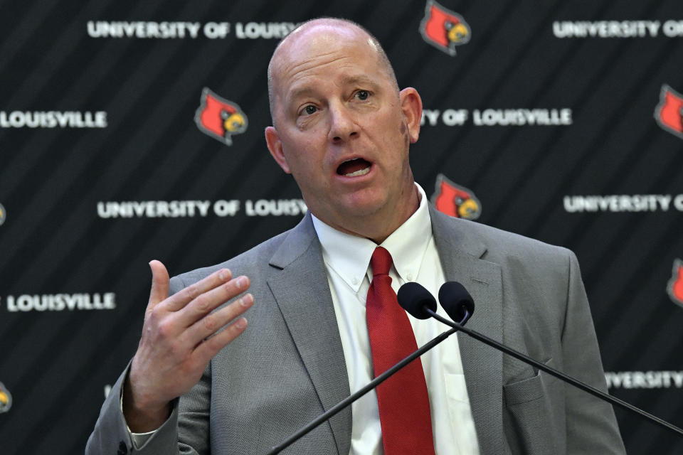 FILE - Jeff Brohm speaks after he was introduced as Louisville football coach in Louisville, Ky., Thursday, Dec. 8, 2022. Louisville opens their season at Georgia Tech on Sept. 1. (AP Photo/Timothy D. Easley, File)