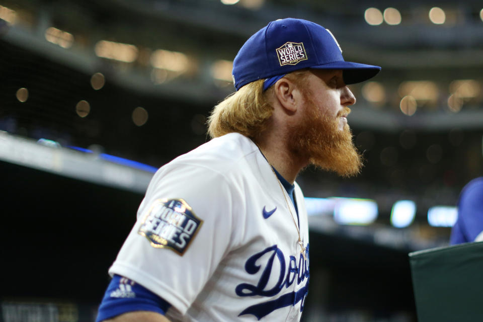 Justin Turner tested positive for COVID-19 during World Series Game 6. (Photo by Kelly Gavin/MLB Photos via Getty Images)