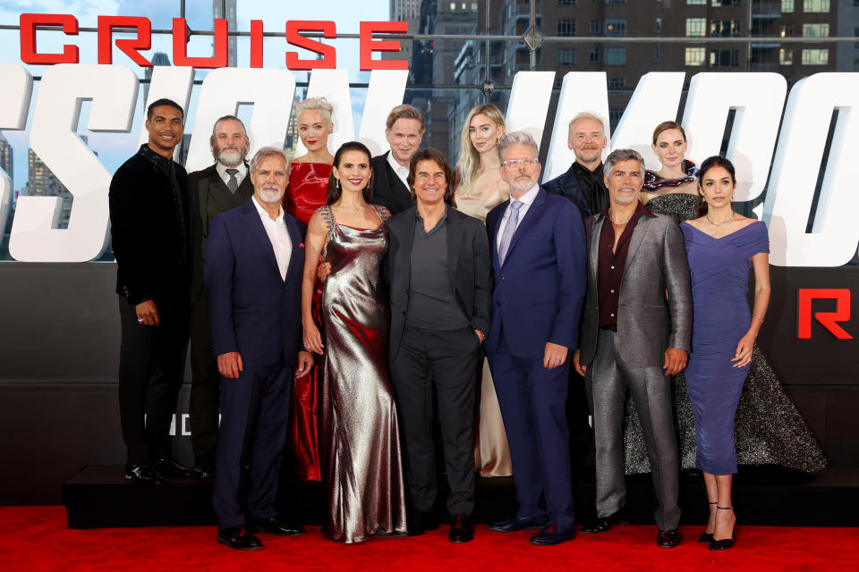 Greg Tarzan Davis, Shea Whigham, Henry Czerny, Pom Klementieff, Hayley Atwell, Cary Elwes, Tom Cruise, Vanessa Kirby, Christopher McQuarrie, Simon Pegg, Esai Morales, Rebecca Ferguson and Mariela Garriga at the premiere of "Mission: Impossible - Dead Reckoning Part One" held at Rose Theater, at Jazz at Lincoln Center's Frederick P. Rose Hall on July 10, 2023 in New York, New York. (Photo by Lexie Moreland/Variety via Getty Images)