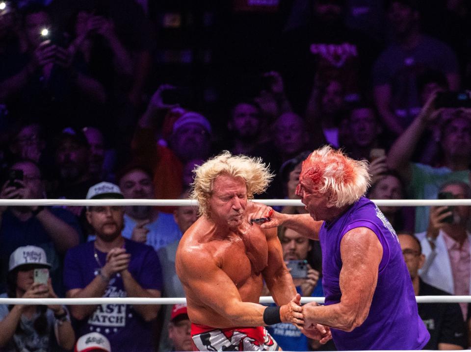 Ric Flair punches Jeff Jarrett during the final match of his career in a special event at the Nashville Municipal Auditorium in 2022. Flair will be in Port Orange on Friday to promote his new brand of cannabis products.