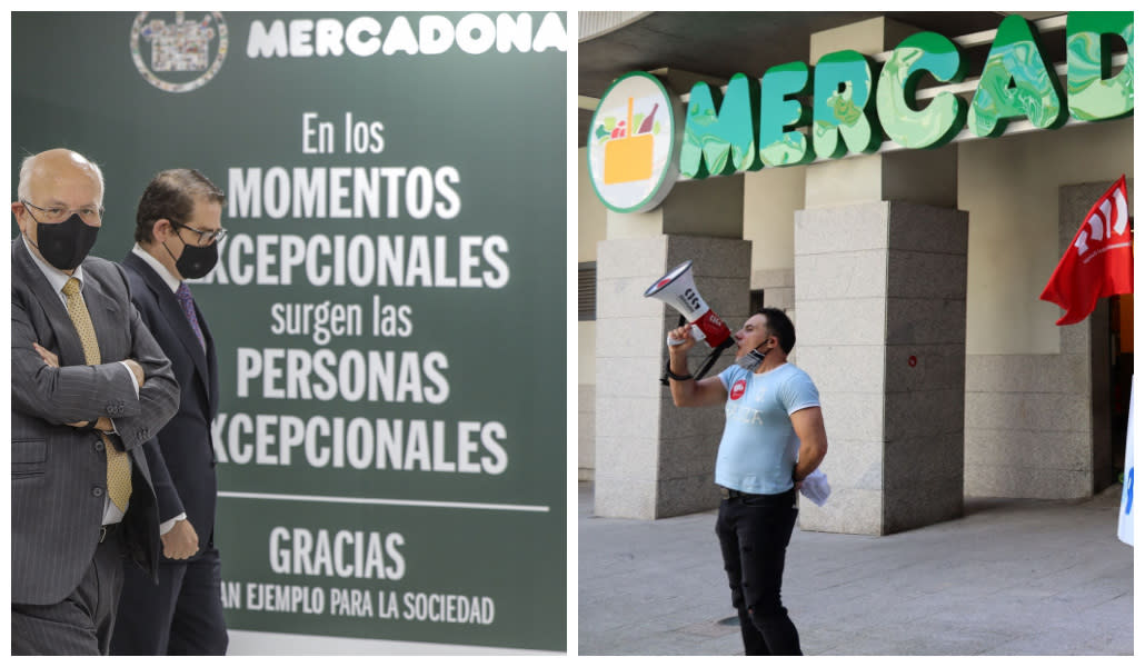 Juan Roig, presidente de Mercadona, en su llegada a una rueda de prensa el pasado mes de abril en Paterna; el CIG protestando en las puertas de una tienda Mercadona en La Coruña. (Fuente: Rober Solsona/Europa Press vía Getty Images; Twitter/@galizaCIG)