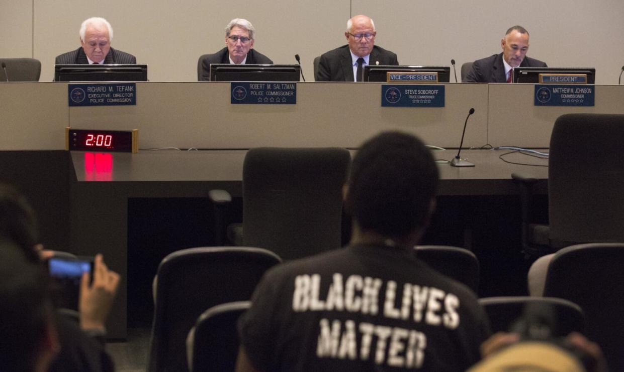 Members of the L.A. Police Commission, from left, Richard Tefank, Robert Saltzman, Steve Soboroff and Matthew Johnson