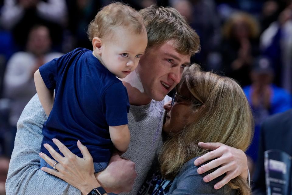Former Xavier player J.P. Macura is inducted into the Xavier hall of fame at halftime of the NCAA Big East Conference basketball game between the Xavier Musketeers and the Creighton Bluejays at the Cintas Center in Cincinnati on Saturday, Feb. 10, 2024. Creighton took the conference match, 78-71.