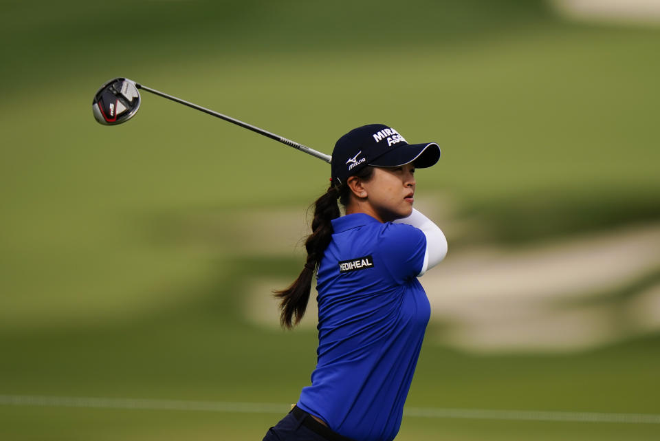 Sei Young Kim, of South Korea, watches her shot on the 15th hole during the third round at the KPMG Women's PGA Championship golf tournament at the Aronimink Golf Club, Saturday, Oct. 10, 2020, in Newtown Square, Pa. (AP Photo/Matt Slocum)