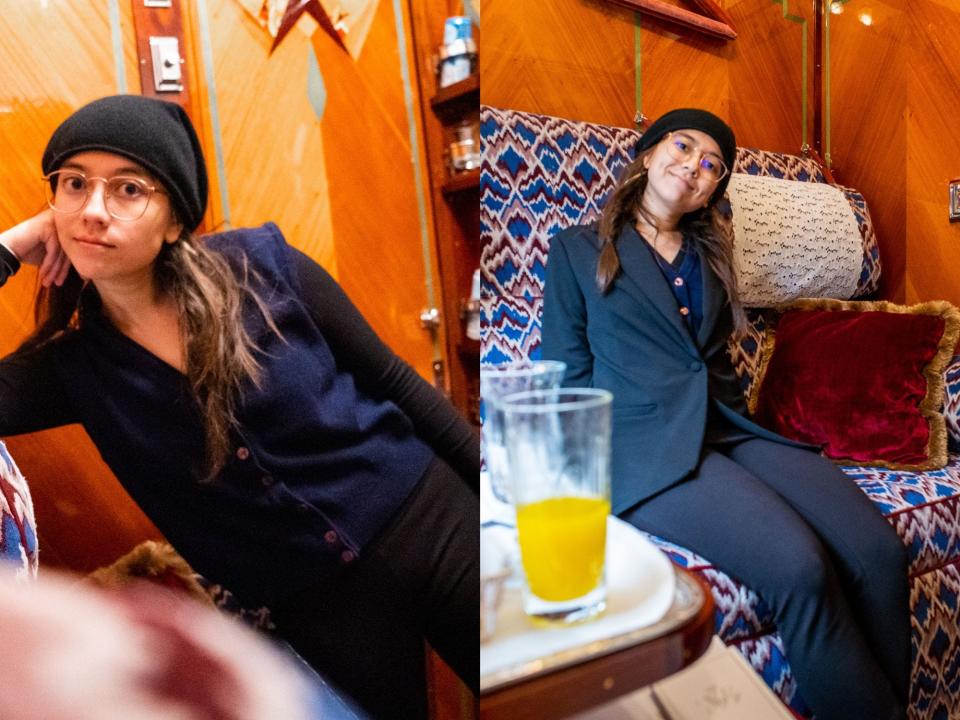 Left: The author leans against a couch in her cabin. Right: The author sits on a couch in a train cabin with wood finishings