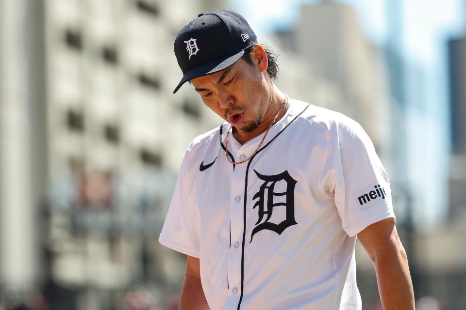 Detroit Tigers pitcher Kenta Maeda (18) walks off the field after pitching the first inning against Oakland Athletics at Comerica Park in Detroit on Saturday, April 6, 2024.