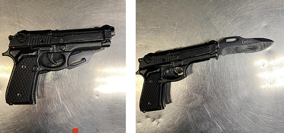 This photo combination provided by the Los Angeles Police Department shows the fake handgun with the real knife blade inside that was taken from the man who attacked comedian Dave Chappelle at the Hollywood Bowl, Tuesday, May 2, 2022. - Credit: Los Angeles Police Dept. via AP