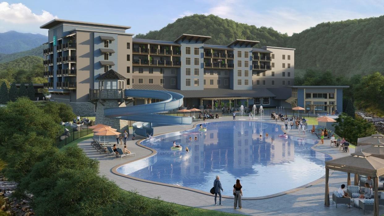 Artists rendering of the pool at the new Embassy Suites by Hilton Gatlinburg Resort opening in March 2024.