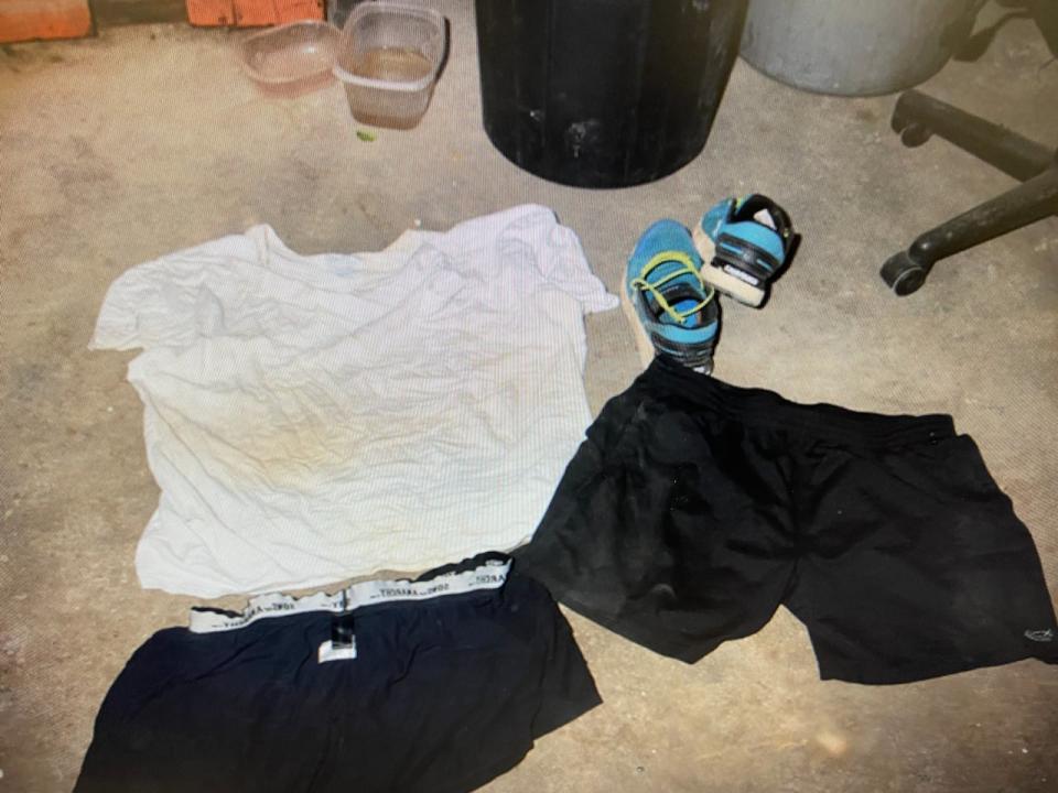 Photos taken by police after the alleged assault show the clothes that Blake Scott says he was forced to take off while in the garage of Dwain Gardner.