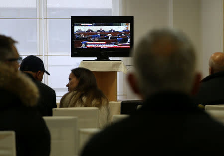 Bosnian Muslim Union of veterans watch a television broadcast of the appeal trial in the Hague, Netherlands, for six Bosnian Croat senior wartime officials accused of war crimes against Muslims in Bosnia's 1992-1995 war, in Mostar, Bosnia and Herzegovina November 29, 2017. REUTERS/Dado Ruvic