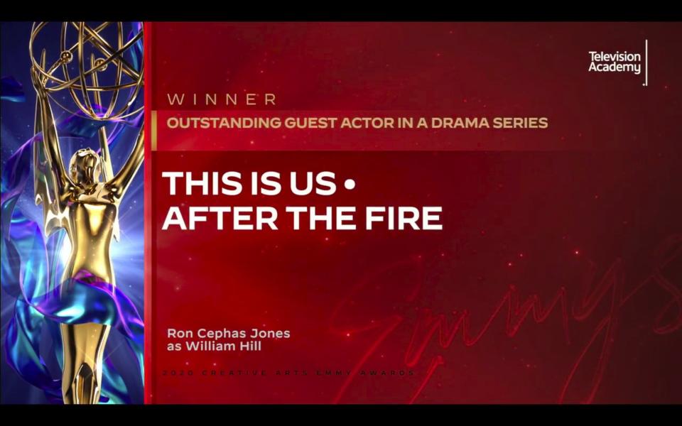 In this video grab issued Saturday, Sept. 19, 2020 by The Television Academy, Ron Cephas Jones is announced as the winner of the award for outstanding guest actor in a drama series for "This is Us" during the 2020 Creative Arts Emmy Awards. (The Television Academy via AP)