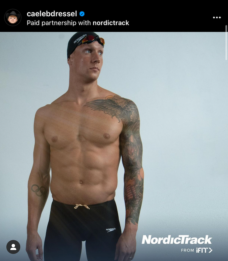 Caeleb Dressel has mostly refrained from posting to his Instagram account during the Olympics, though he did find time to promote NordicTrack. (@Caelebdressel/Instagram)