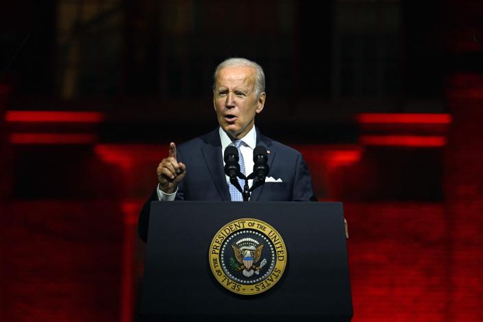 US President Joe Biden speaks about the soul of the nation outside Independence National Historical Park in Philadelphia, Pennsylvania on September 1, 2022.