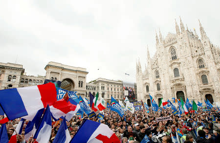 People attend a major rally of European nationalist and far-right parties ahead of EU parliamentary elections in Milan, Italy May 18, 2019. REUTERS/Alessandro Garofalo