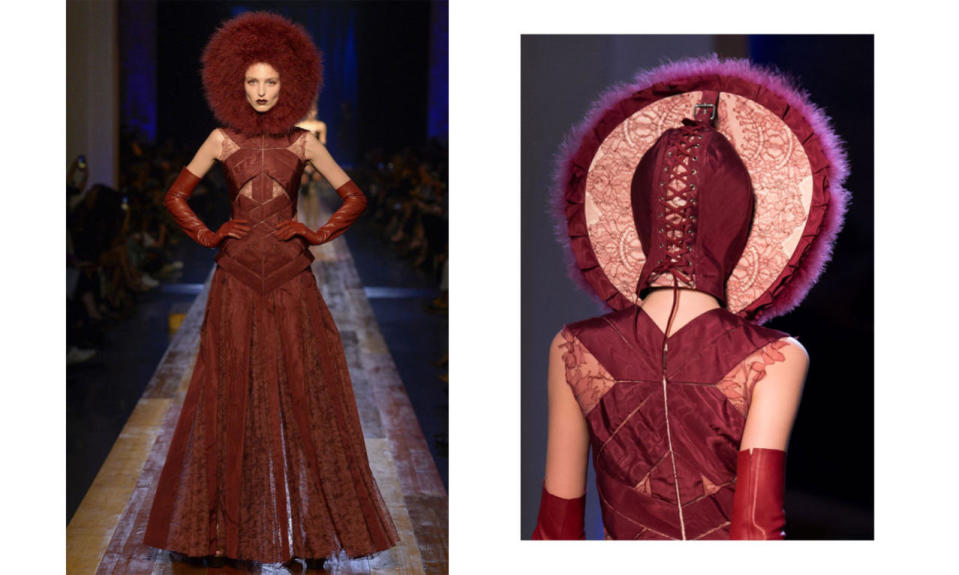 <p>As if the full bonnet were not dramatic enough from the front, the back is pure Gaultier — bondage-style lace-up and covered in lace for good measure! (<i>Photos: Getty Images)</i><br></p>