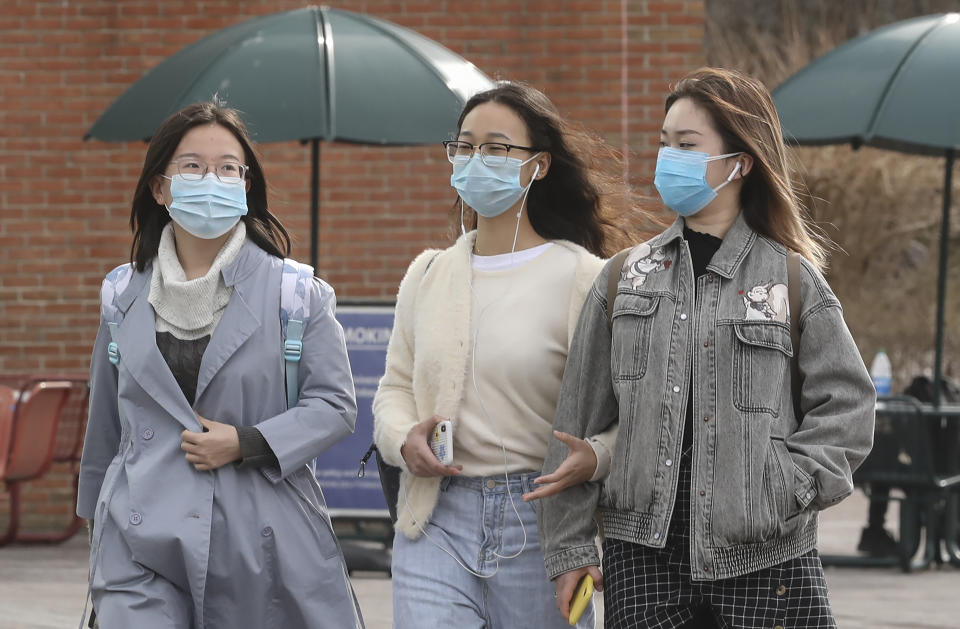 Stony Brook, N.Y.: As concerns about the coronavirus are on many people's minds, some students on the Stony Brook University's Long Island campus were wearing protective masks on March 11, 2020. (Photo by John Paraskevas/Newsday RM vis Getty Images)