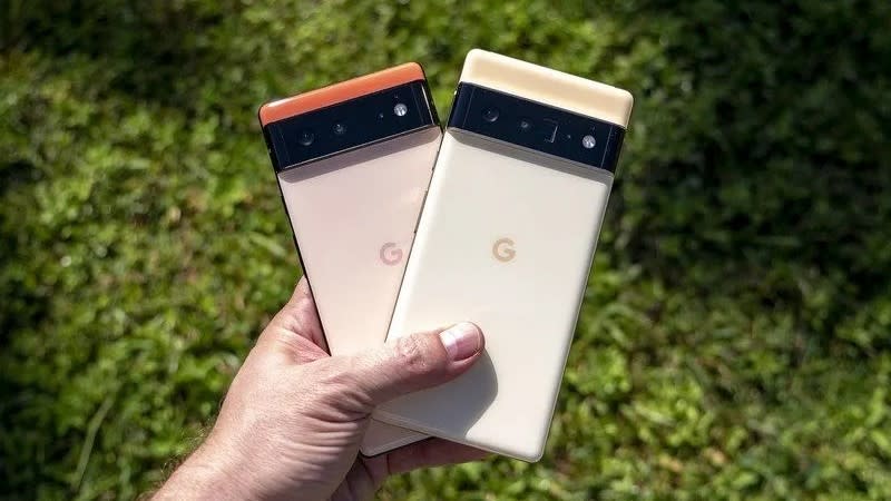  Pixel 6 and pixel 6 pro in hand. 