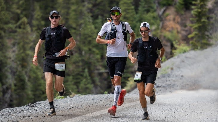 <span class="article__caption">Hardrock 2022 front runners, left to right: Dakota Jones, Francois d'Haene, and Kilian Jornet.</span> (Photo: Howie Stern)