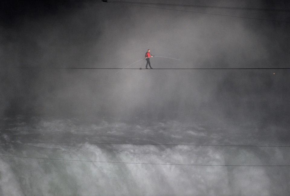 Nik Wallenda crosses Niagara Falls on a tightrope in 2012.