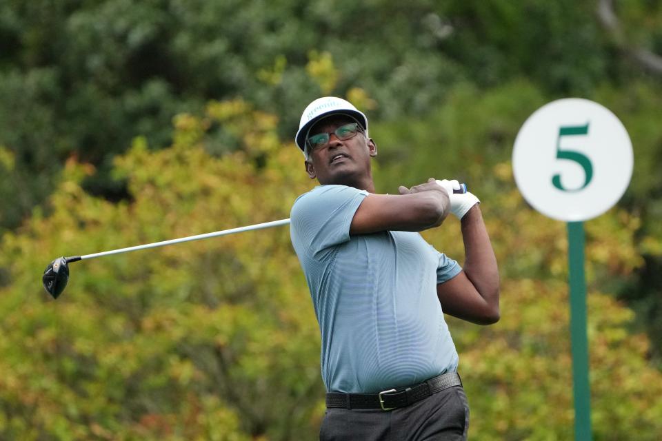 Vijay Singh of Ponte Vedra Beach watches his tee shot at the fifth hole of the Augusta National Golf Club during the 2023 Masters.