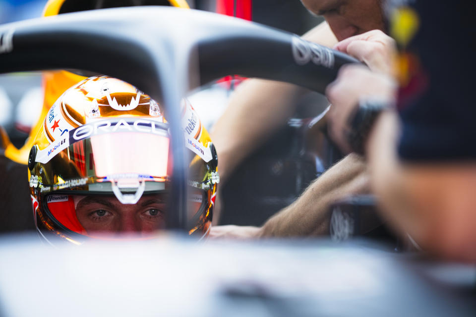 BARCELONA, SPAIN - JUNE 20: Max Verstappen of the Netherlands and Oracle Red Bull Racing has a seat fitting in the garage during previews ahead of the F1 Grand Prix of Spain at Circuit de Barcelona-Catalunya on June 20, 2024 in Barcelona, Spain. (Photo by Rudy Carezzevoli/Getty Images)