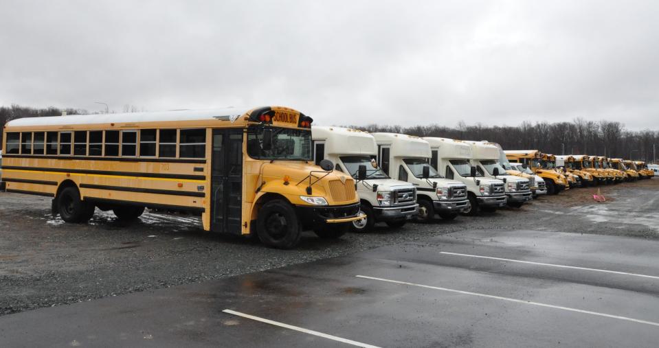 Buses lined up for inspection at the Delaware surplus property store at 5408 DuPont Parkway (Route 13) just north of the Smyrna Rest Area March 9, 2022.