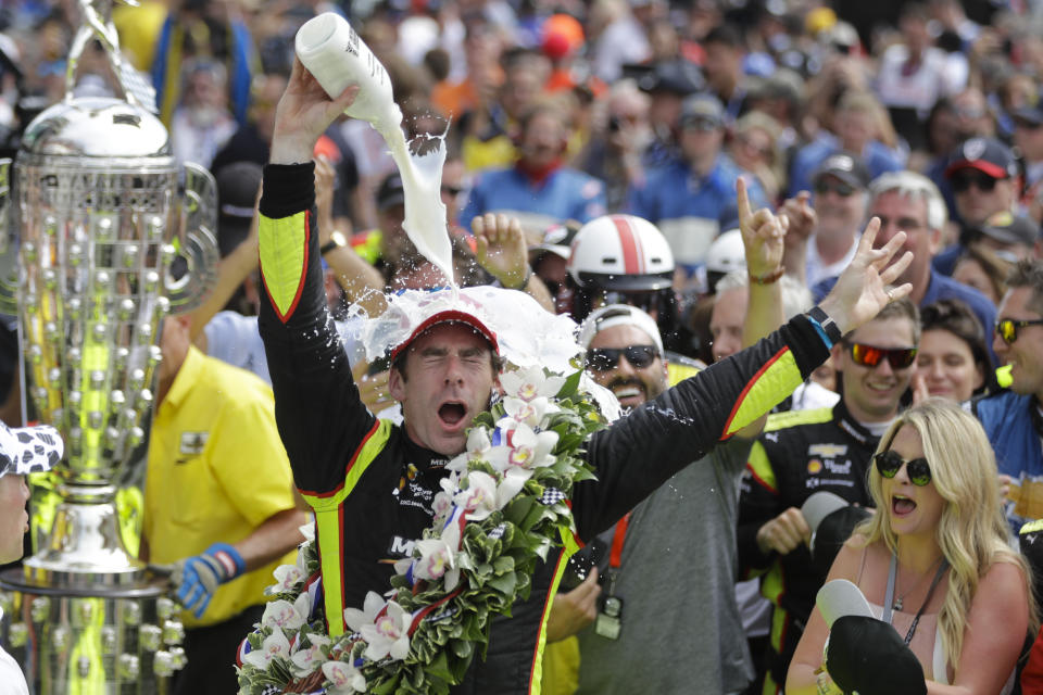 Simon Pagenaud, of France, celebrates after winning the Indianapolis 500 IndyCar auto race at Indianapolis Motor Speedway, Sunday, May 26, 2019, in Indianapolis. (AP Photo/Darron Cummings)