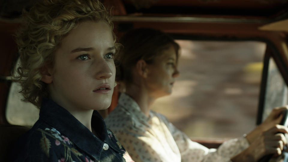 This undated publicity film image released by Phase 4 Films shows Julia Garner, left, as Rachel, in a scene from the film, "Electrick Children." (AP Photo/Phase 4 Films)