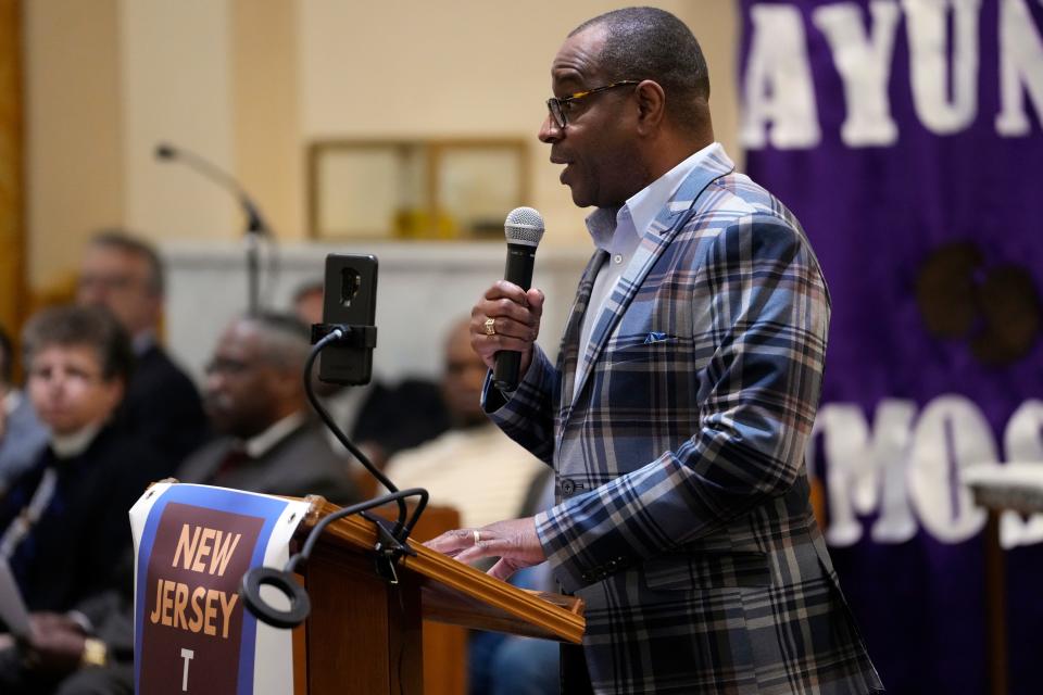 Minister Galindo King, of New Life Recovery and Reentry, speaks during the New Jersey Together Celebration of Criminal Justice Reform Progress, in Jersey City. Wednesday, March 15, 2023