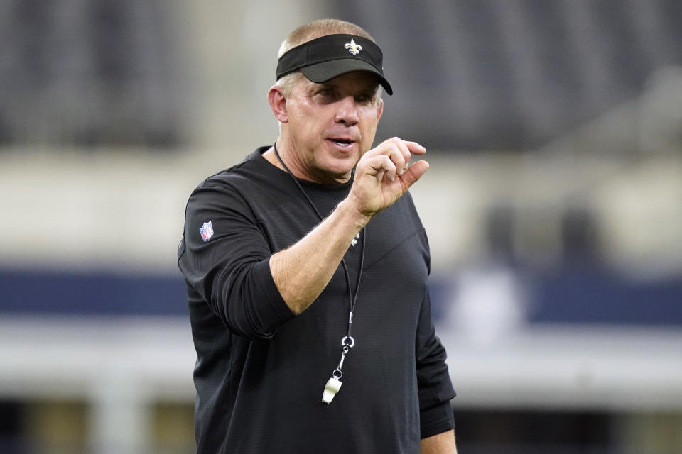 New Orleans Saints head coach Sean Payton makes a point during during NFL football practice in Arlington, Texas, Tuesday, Aug. 31, 2021. (AP Photo/LM Otero)