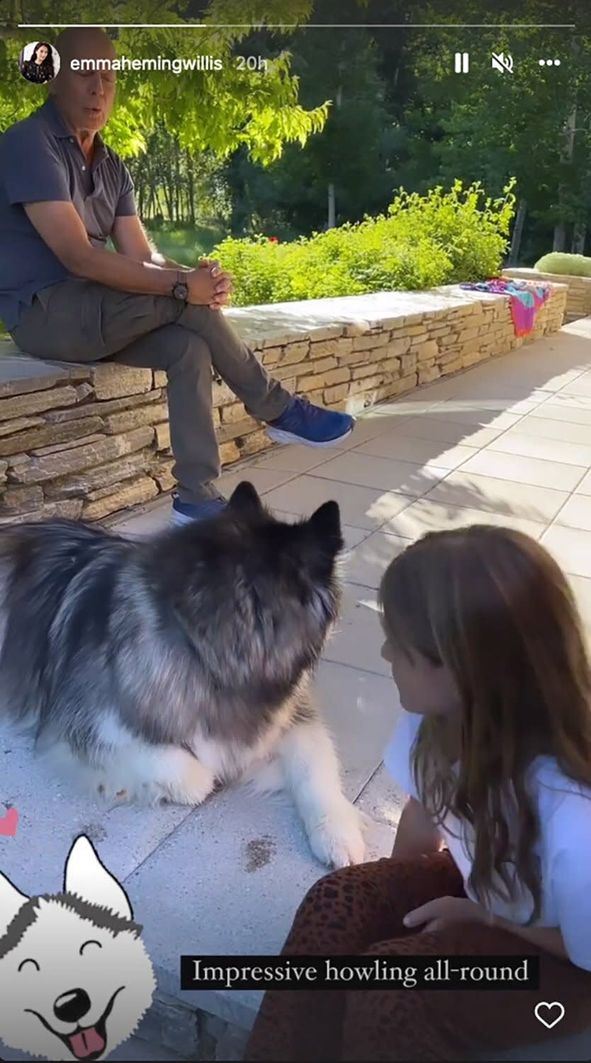 https://www.instagram.com/stories/emmahemingwillis/2869512650779519839/ — Bruce Willis Shows Off His 'Impressive' Howling Skills with Daughter Evelyn and Their Dog