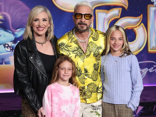 <p>John Salangsang/Shutterstock</p> AJ McLean and Rochelle DeAnna McLean with their kids, Elliot McLean, and Lyric McLean at the 'Trolls: Band Together' Special Screening on November 15, 2023 in Los Angeles, California