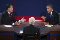 Republican presidential nominee Mitt Romney and President Barack Obama answer a question during the third presidential debate at Lynn University, Monday, Oct. 22, 2012, in Boca Raton, Fla. (AP Photo/Pool-Win McNamee)