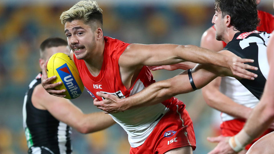 Sydney's Elijah Taylor played four games in his rookie season, before being banned for the season. (Photo by Jono Searle/AFL Photos/via Getty Images)