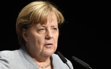 German Chancellor Angela Merkel delivers her speech during a Lower Saxony's Christian Democratic Union's (CDU) regional election campaign rally in Stade, Germany October13, 2017. REUTERS/Fabian Bimmer