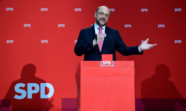 SPD party leader Martin Schulz speaks after state elections on May 7, 2017