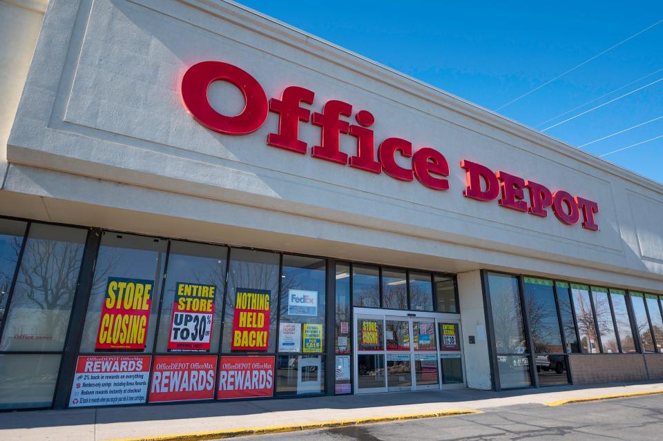 Signs are posted offering up to 30% off as Office Depot, 1805 S. Pueblo Blvd., is set to close.