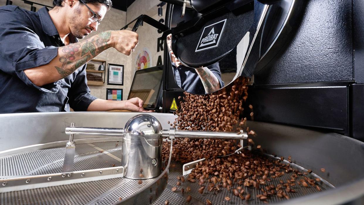 a man operating a coffee roaster in honduras freshly roasted beans are pouring out onto a tray to begin cooling