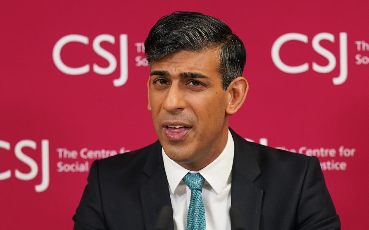 LONDON, ENGLAND - APRIL 19: British Prime Minister Rishi Sunak delivers a speech on welfare reform at the Centre for Social Justice on April 19, 2024 in London, England. British Prime Minister Rishi Sunak called for an end to the 