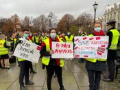 Norwegian Air crew staff demonstrate in front of the Norwegian Parliament in Oslo