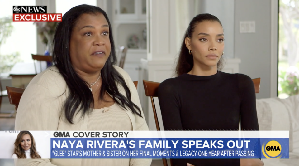 Naya's mother, Yolanda Previtire, and sister, Nickayla Rivera, appeared on Good Morning America in an interview airing on the one-year anniversary of the Glee star's drowning death. (Screenshot: Good Morning America/NBC)