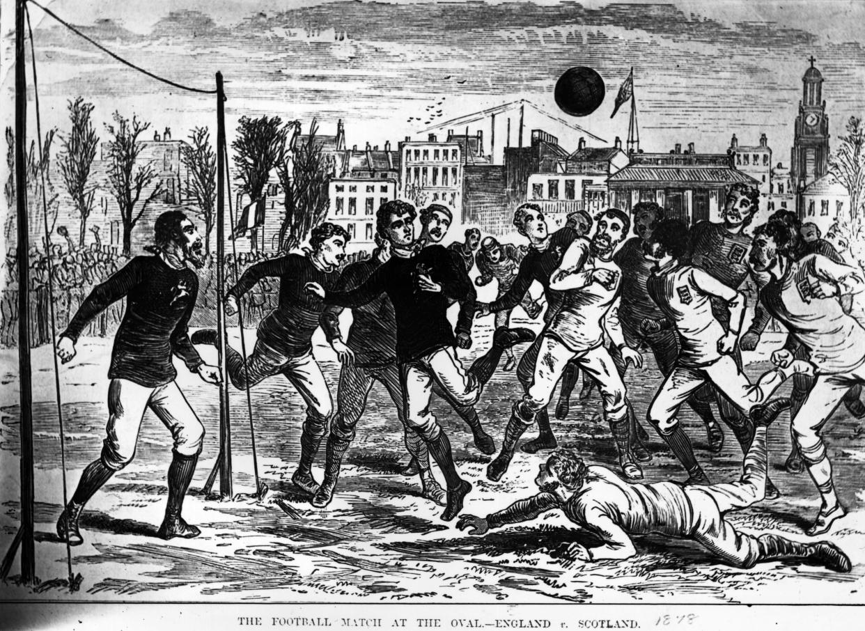 This image shows football at The Oval in 1872 – by which time a crossbar made of tape had been added